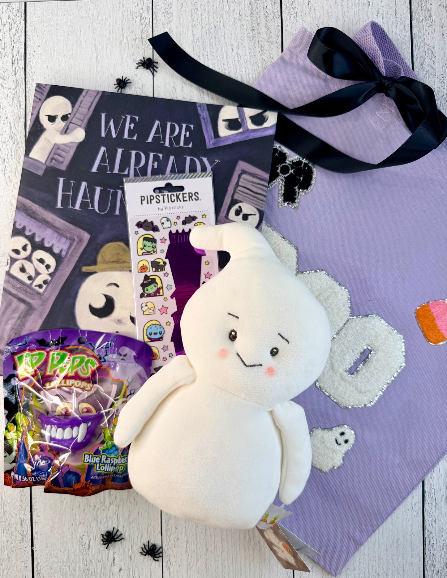 Ghosts Who Haunt Halloween Boo Bag with ghost plush, book, stickers, lollipops and purple trick-or-treat tote.