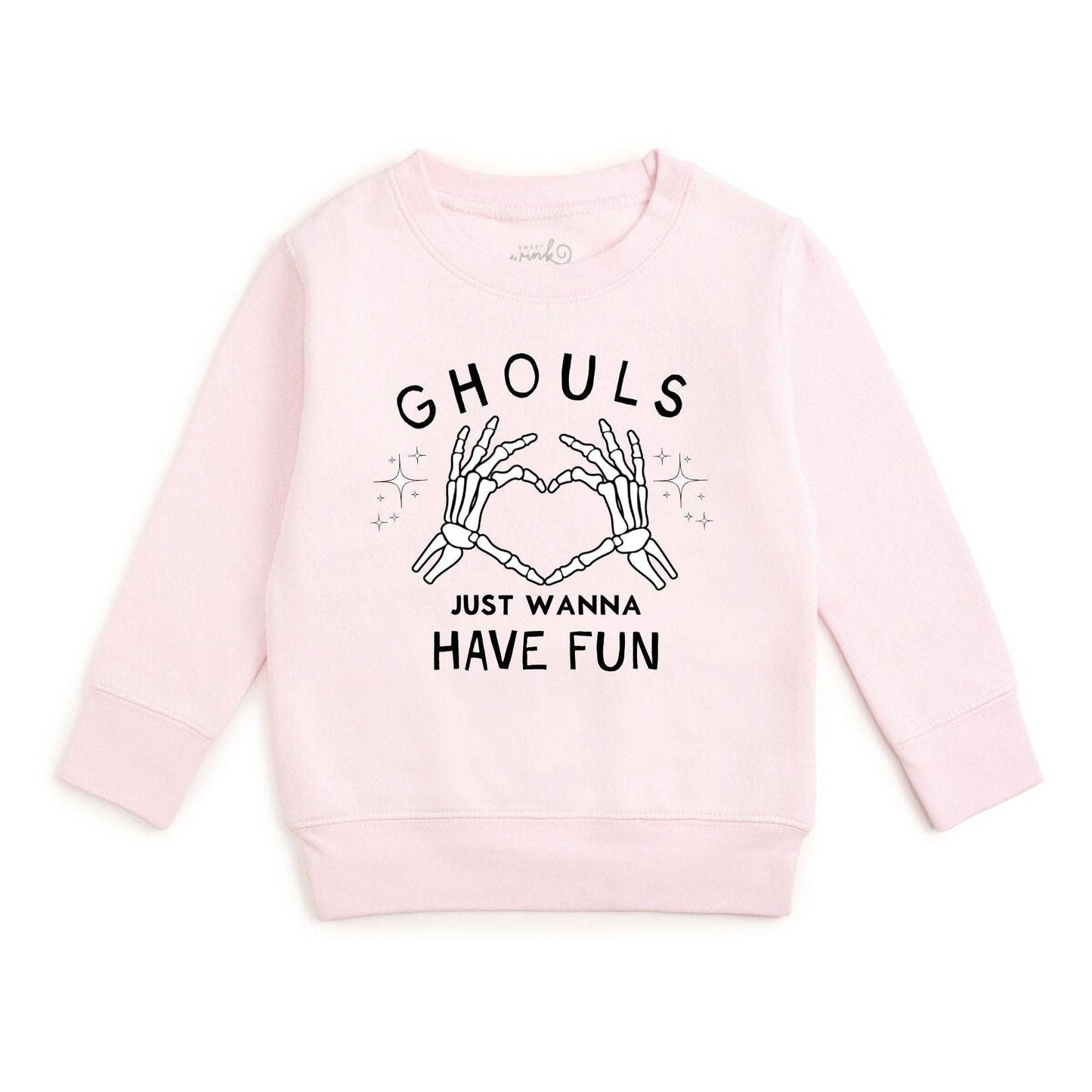 A light pink long-sleeve crewneck sweatshirt featuring a black graphic print of skeleton hands forming a heart shape with the text 'GHOULS JUST WANNA HAVE FUN' on a plain white background.