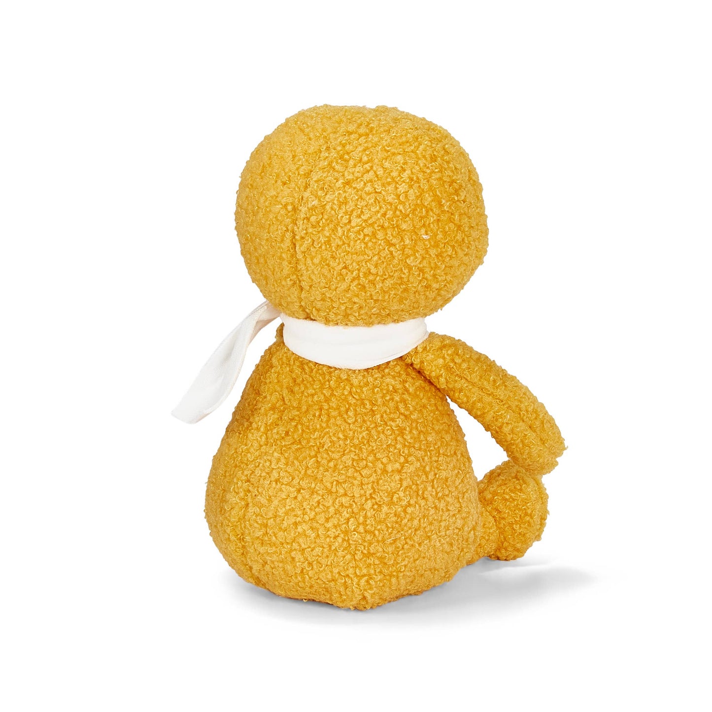 Yellow plush toy with a white ribbon on a white background