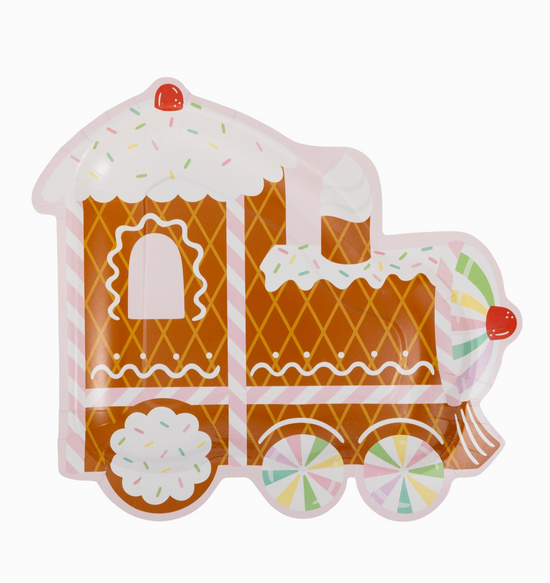 Colorful train-shaped object with ice cream cone design on a white background
