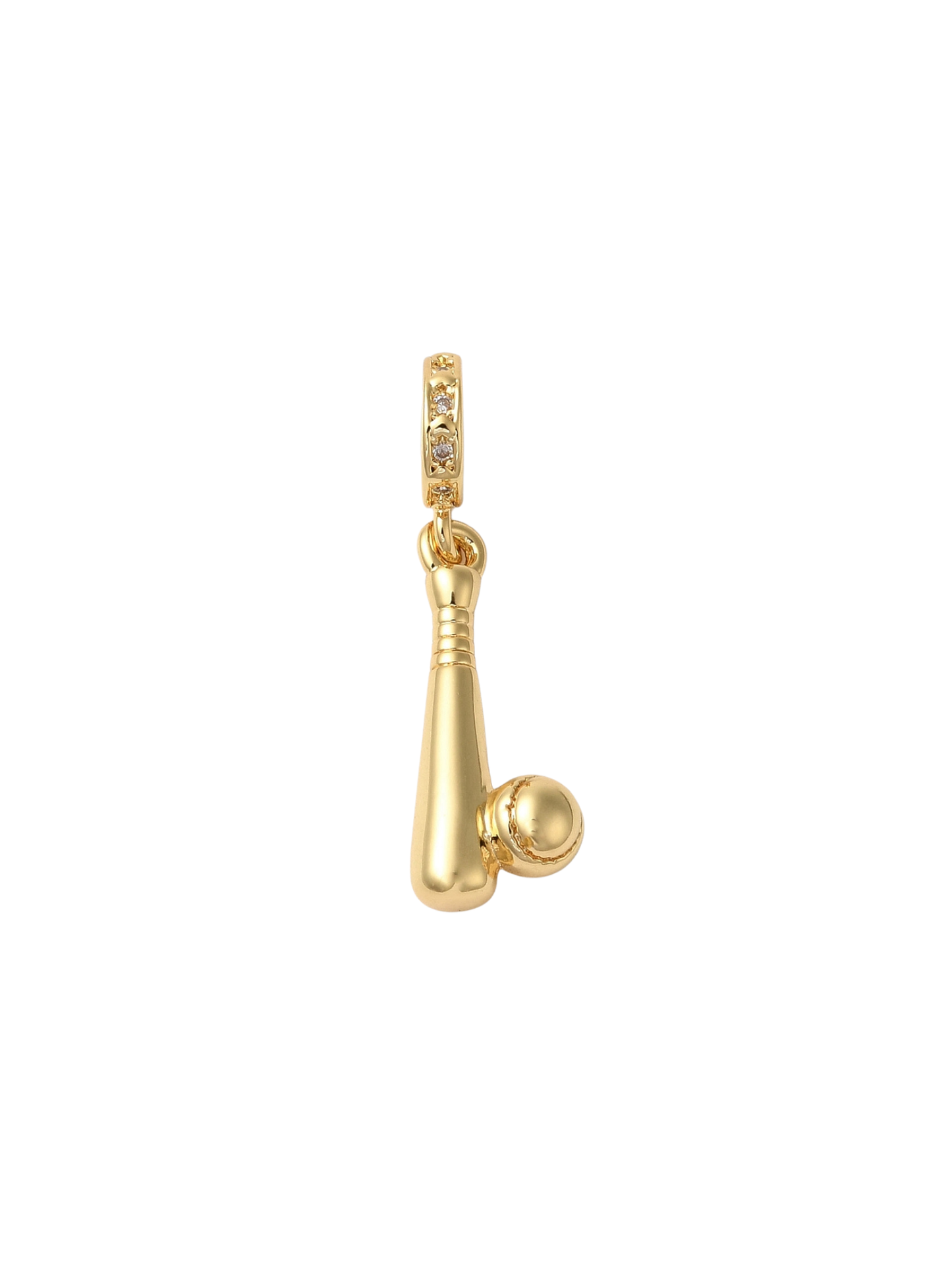 Gold charm shaped like a baseball bat on a white background