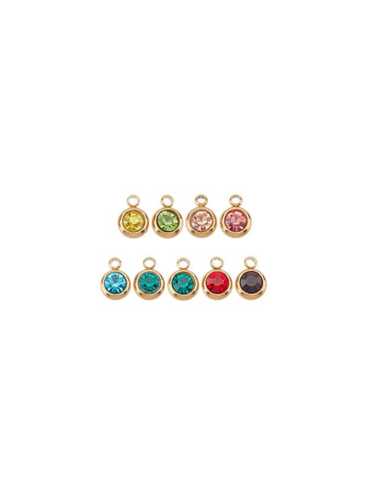 Set of colorful gemstone pendants in gold settings on a white background