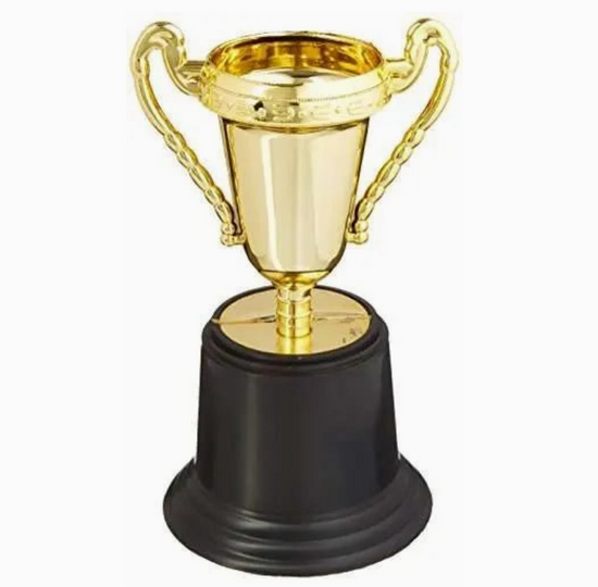 Gold trophy with black base on a white background