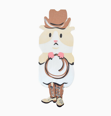 Cartoon dog wearing a cowboy hat, shirt, and boots on a white background
