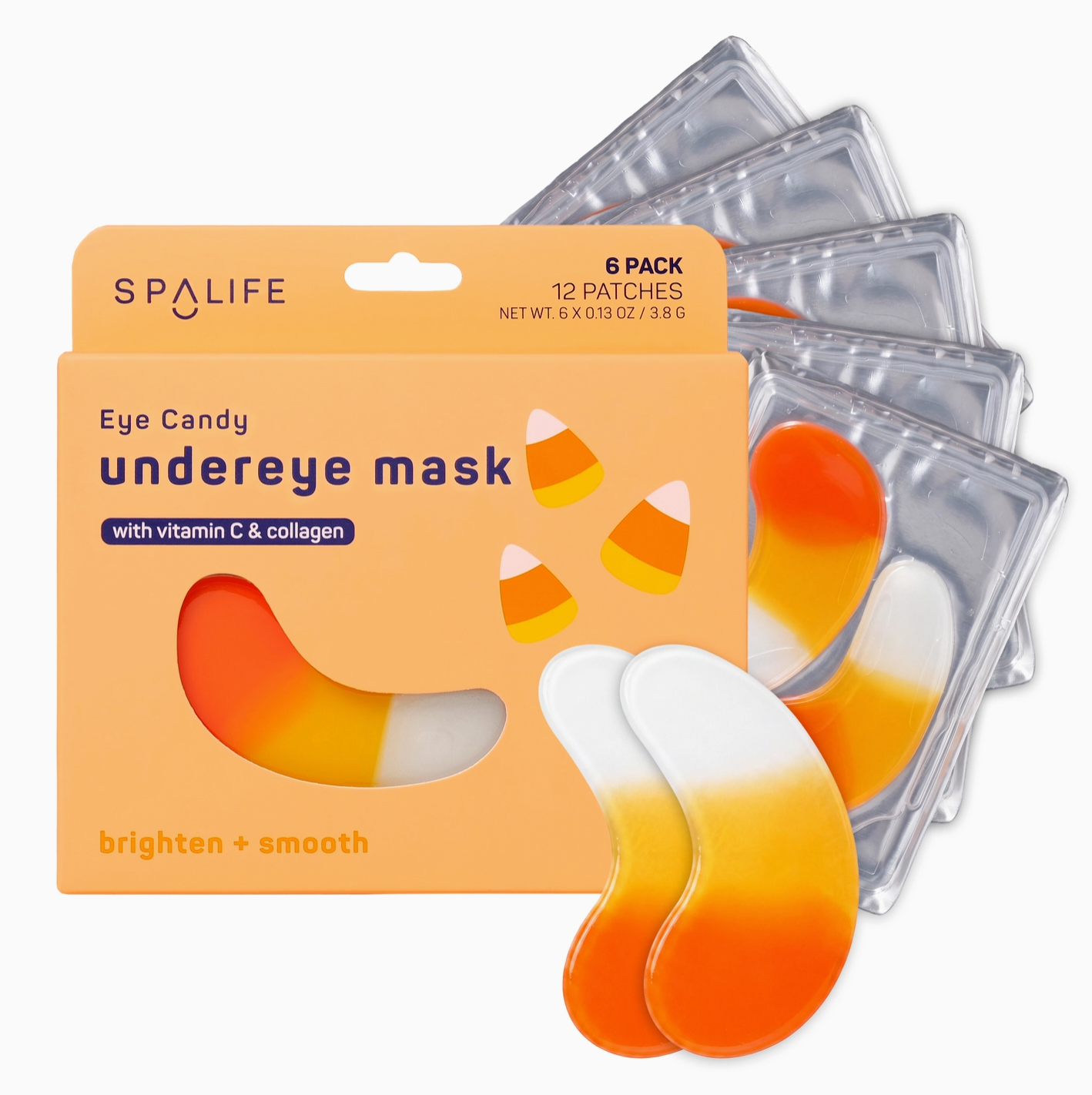 SPALIFE undereye mask eye candy in a 6-pack, featuring orange, yellow, and white gradient patches with their peach-colored packaging and clear blister packs.