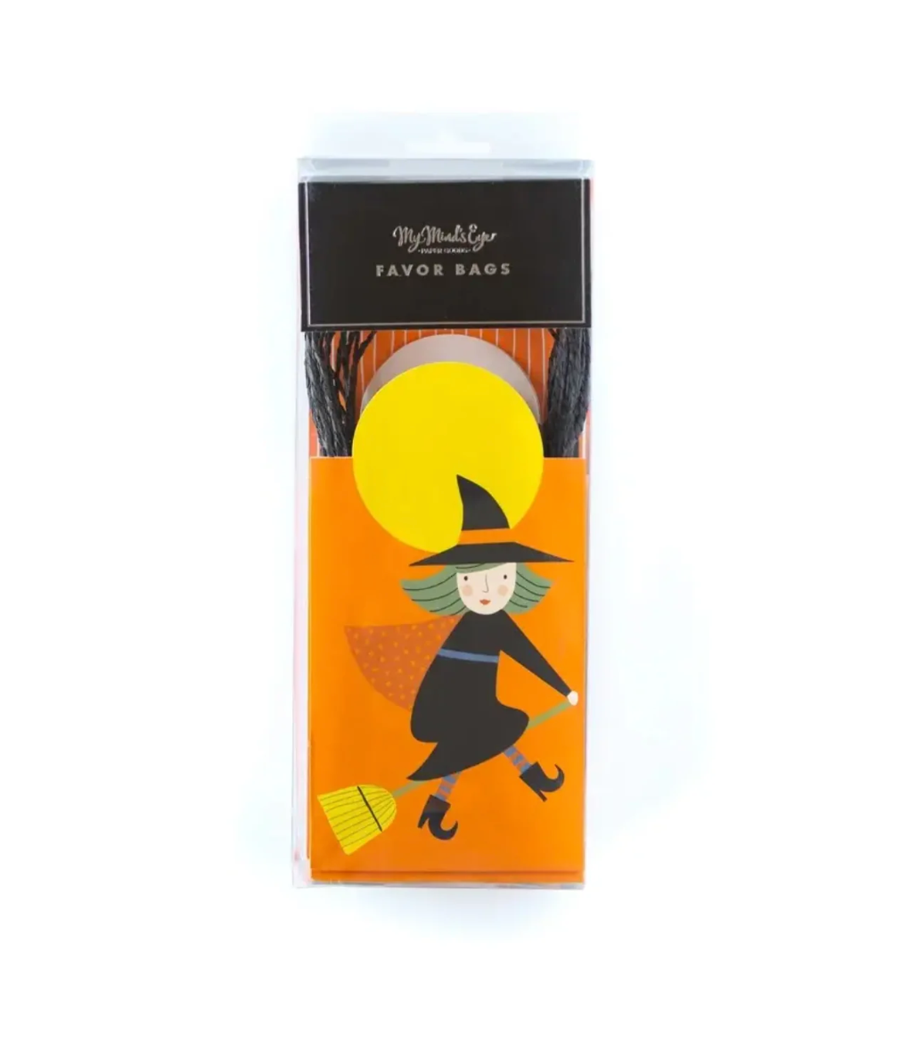 Halloween-themed packaging with a witch design on an orange background