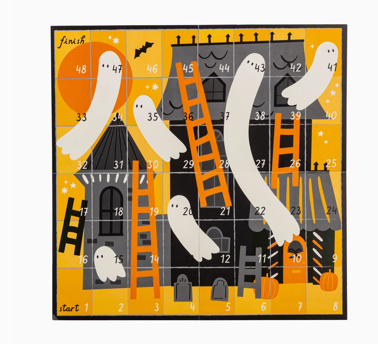 Halloween-themed game board with ghosts, pumpkins, and a haunted house.