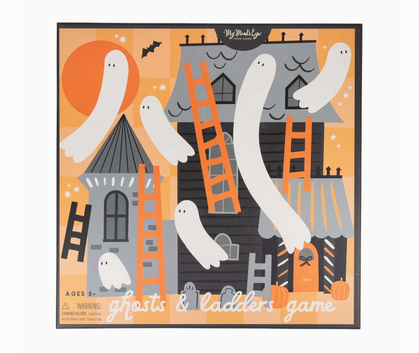Halloween-themed board game packaging with ghosts and ladders design on an orange background.