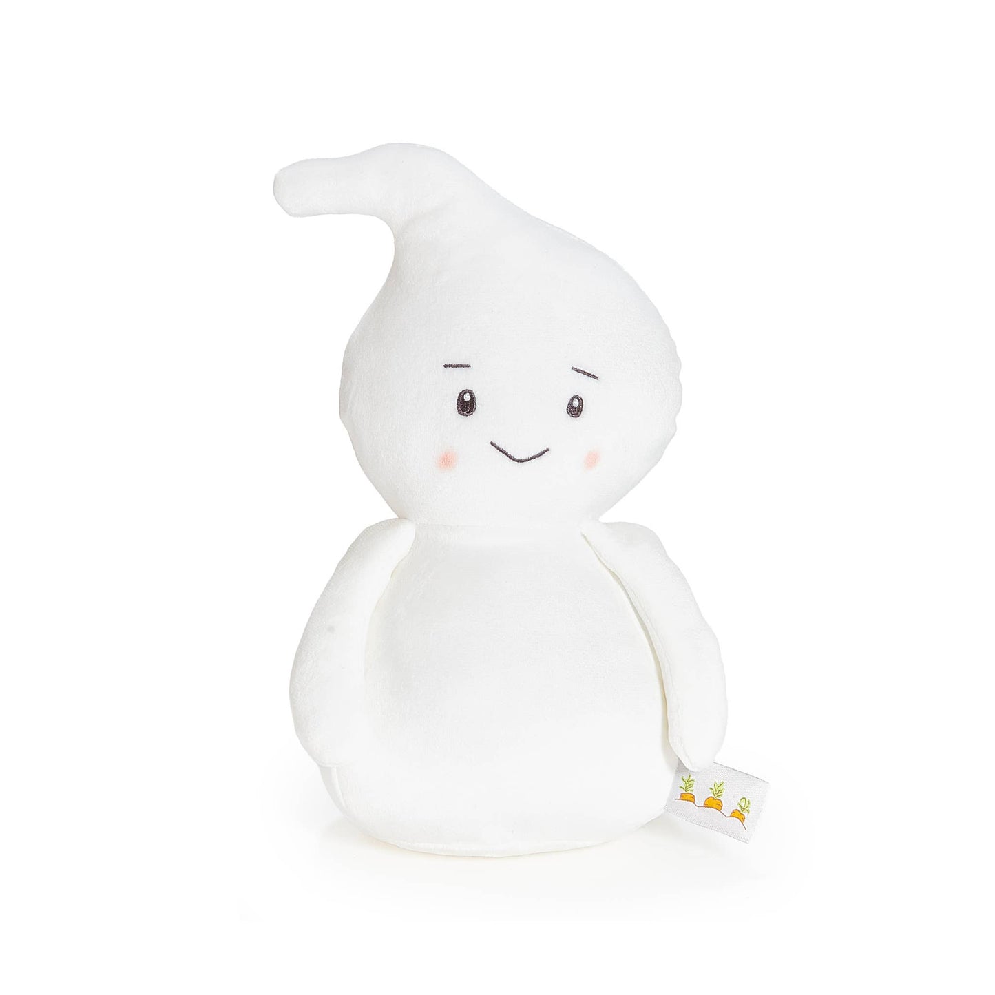 White plush ghost toy with a smiling face on a white background