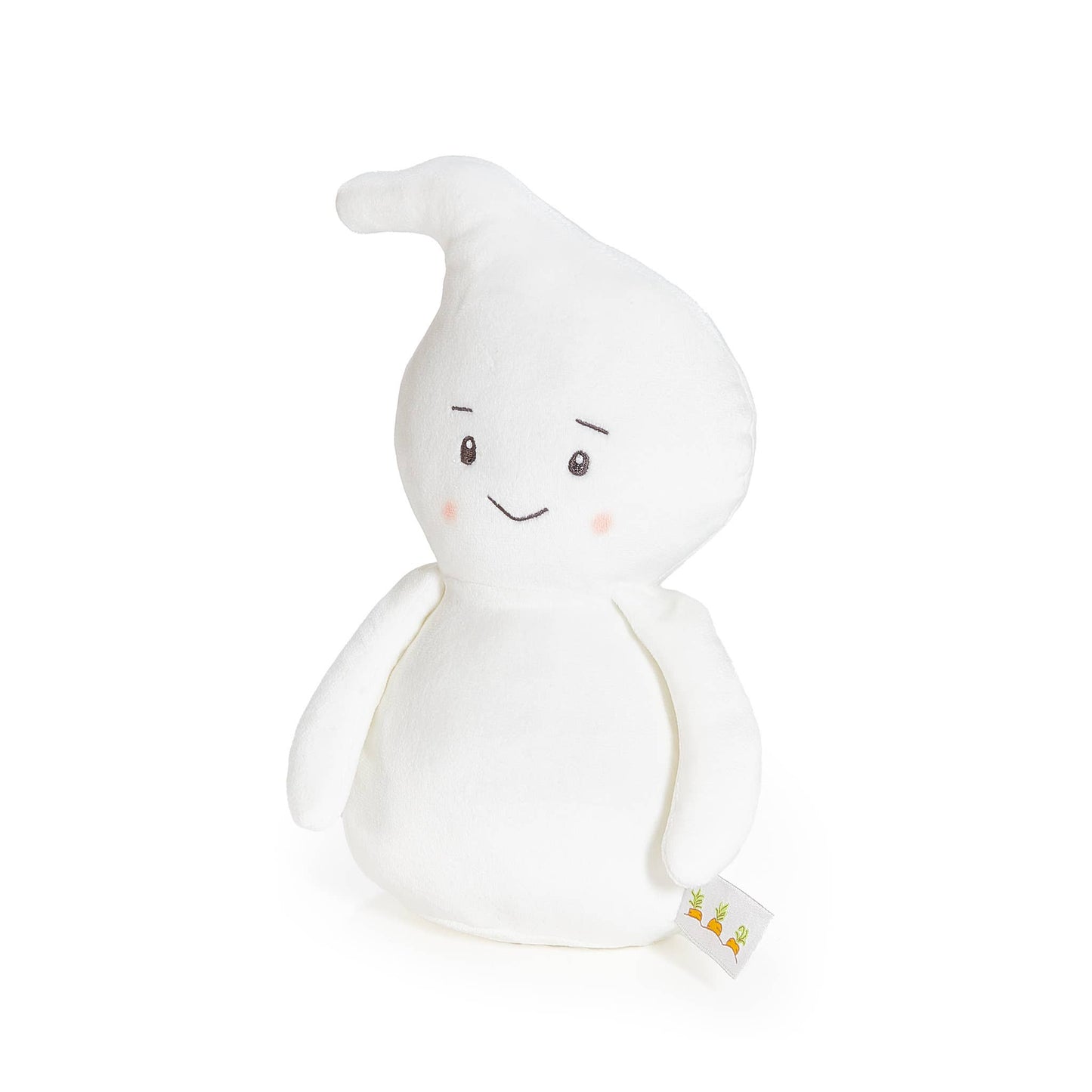 White ghost plush toy with a smiling face on a white background