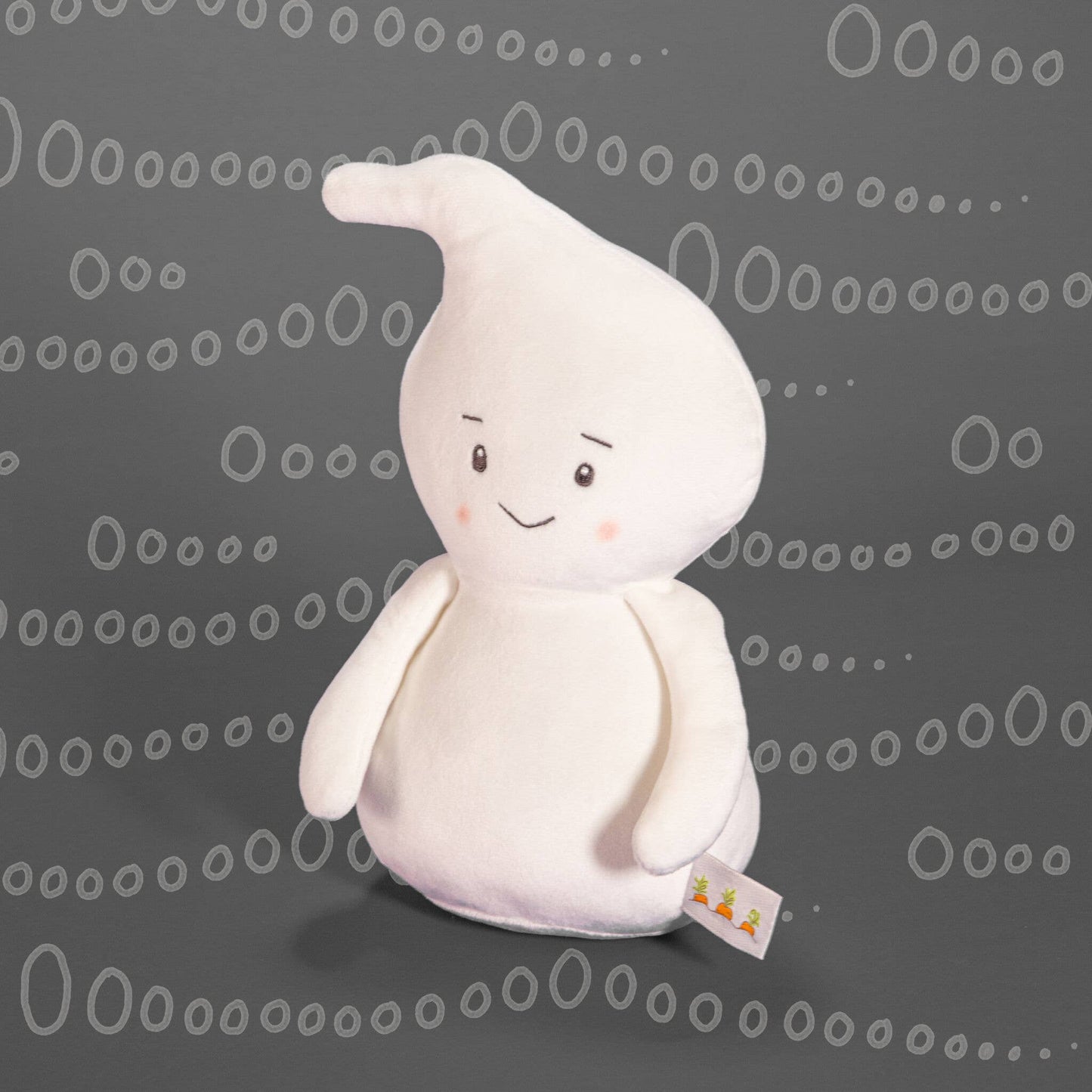 A white plush ghost toy with a smiling face and a small tag, set against a dark gray background patterned with rows of white oooo.