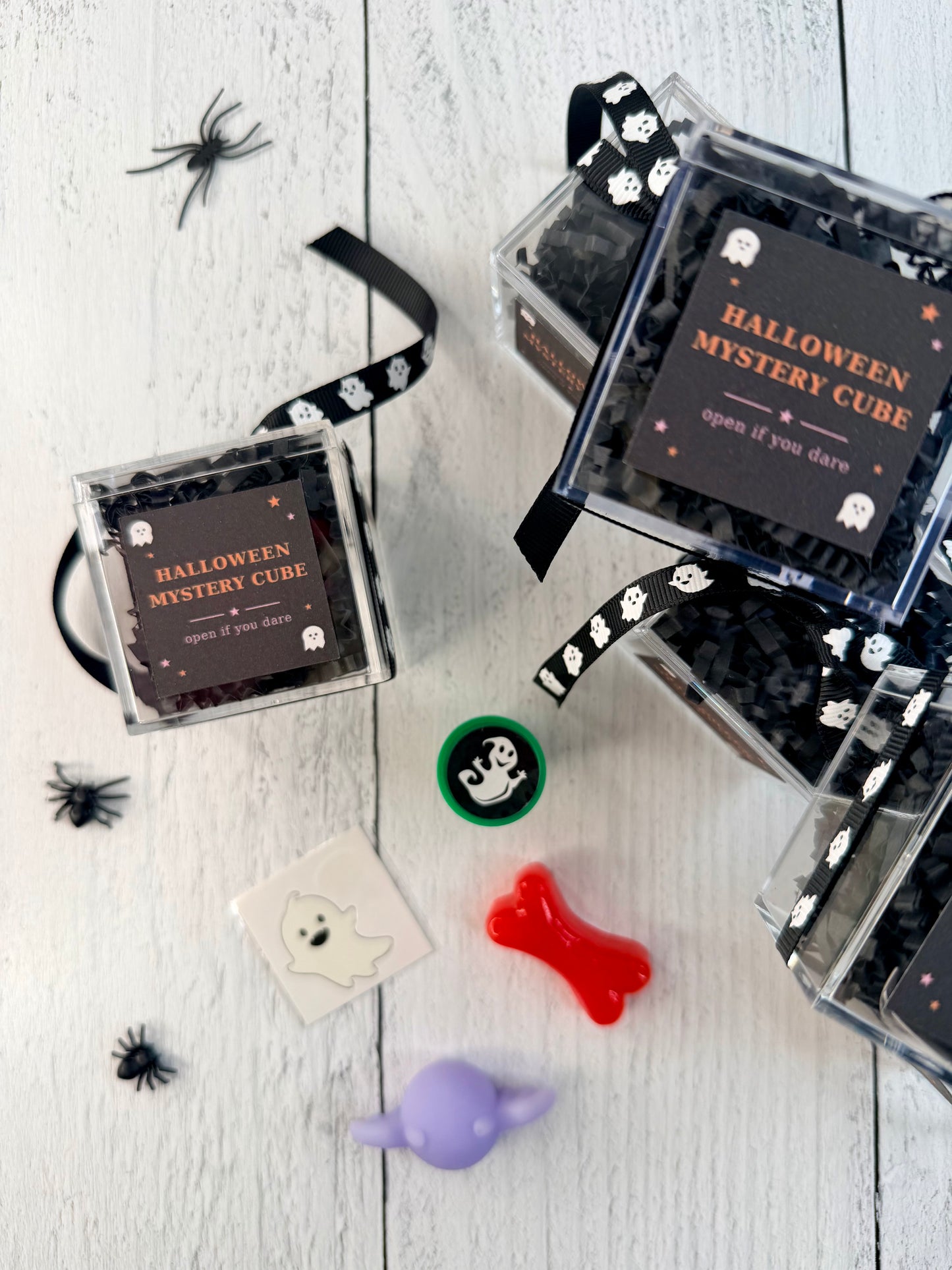 Set of six Halloween Mystery Cubes with “Open If You Dare” labels