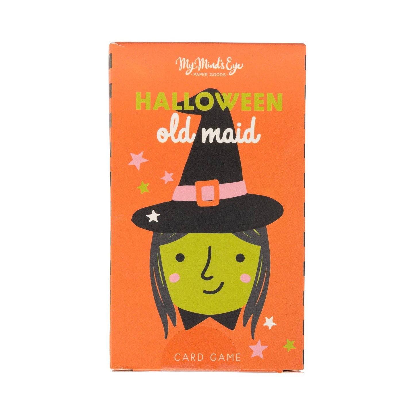 Halloween card game box titled 'Halloween old maid' by MyMind'sEye Press. The box features a bright orange background with a cartoon witch illustration wearing a black hat with a pink band and a green face.