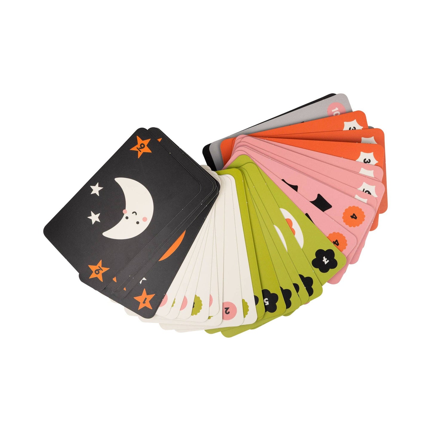 A fan of colorful children's cards on a plain white background, showing different illustrated faces and shapes in black, white, orange, pink, green, and gray.