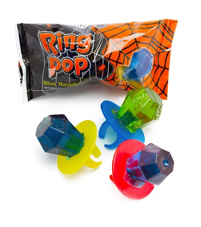 Colorful Ring Pop candies with packaging on a white background