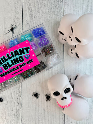 Halloween squishy skull bling activity kit with six white skulls and colorful rhinestones
