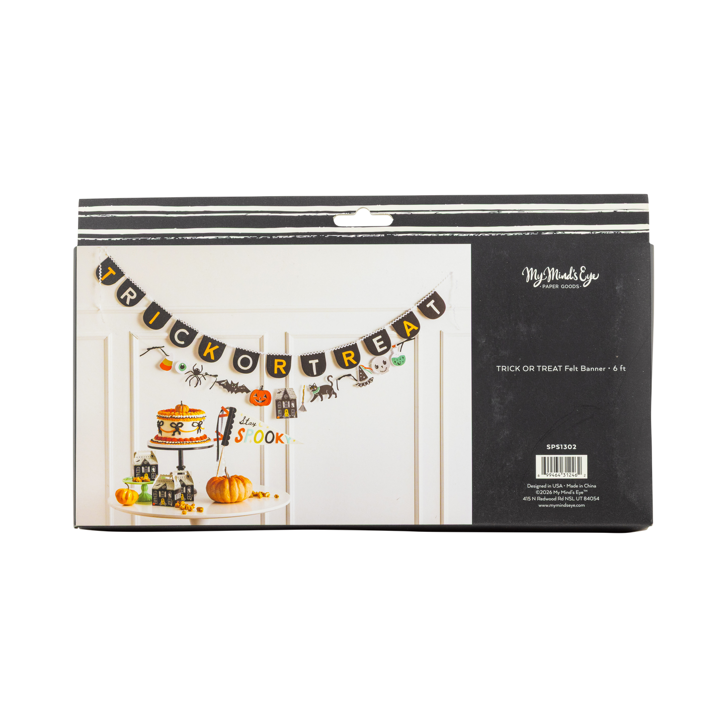 Halloween-themed 'Trick or Treat' banner packaging on a white background