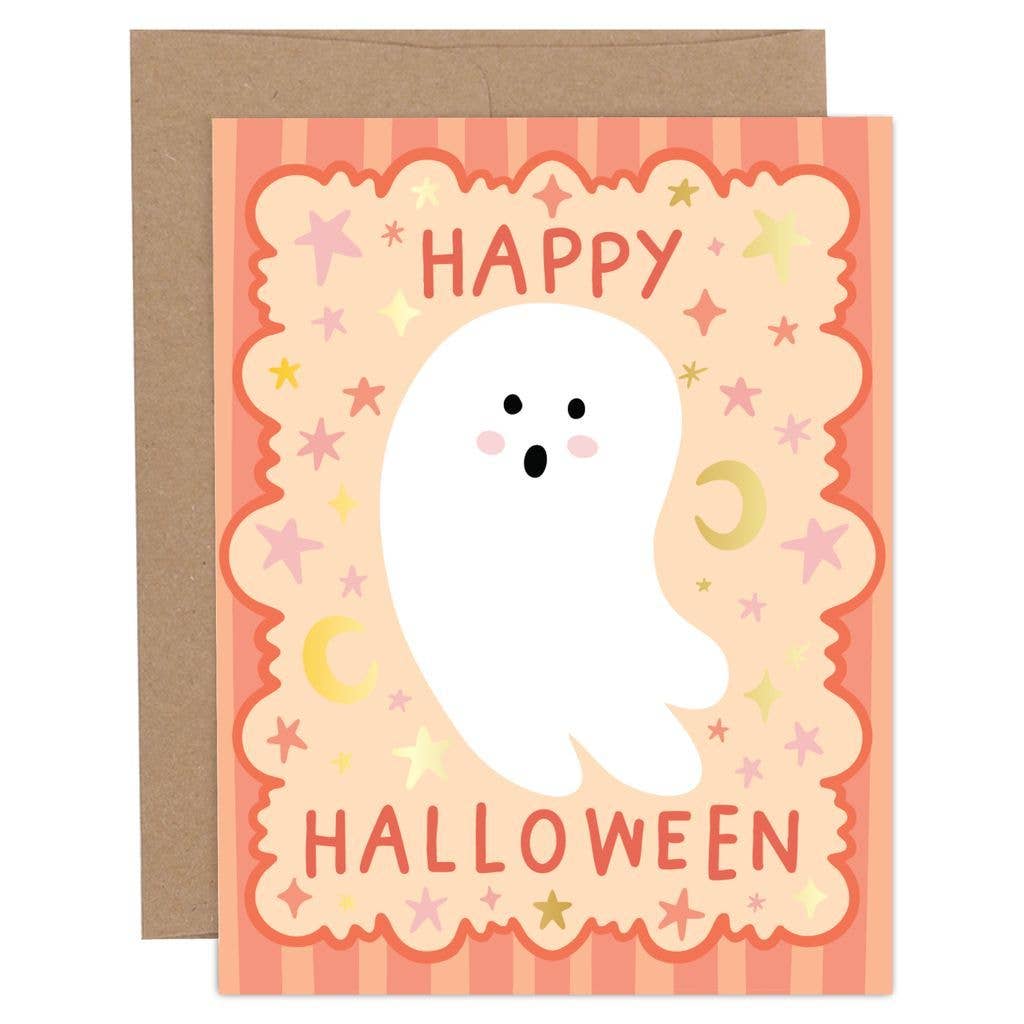 A cute Halloween greeting card with a cartoon ghost in the center, surrounded by stars and crescent moons on a peach and orange striped background, with a brown envelope behind it.