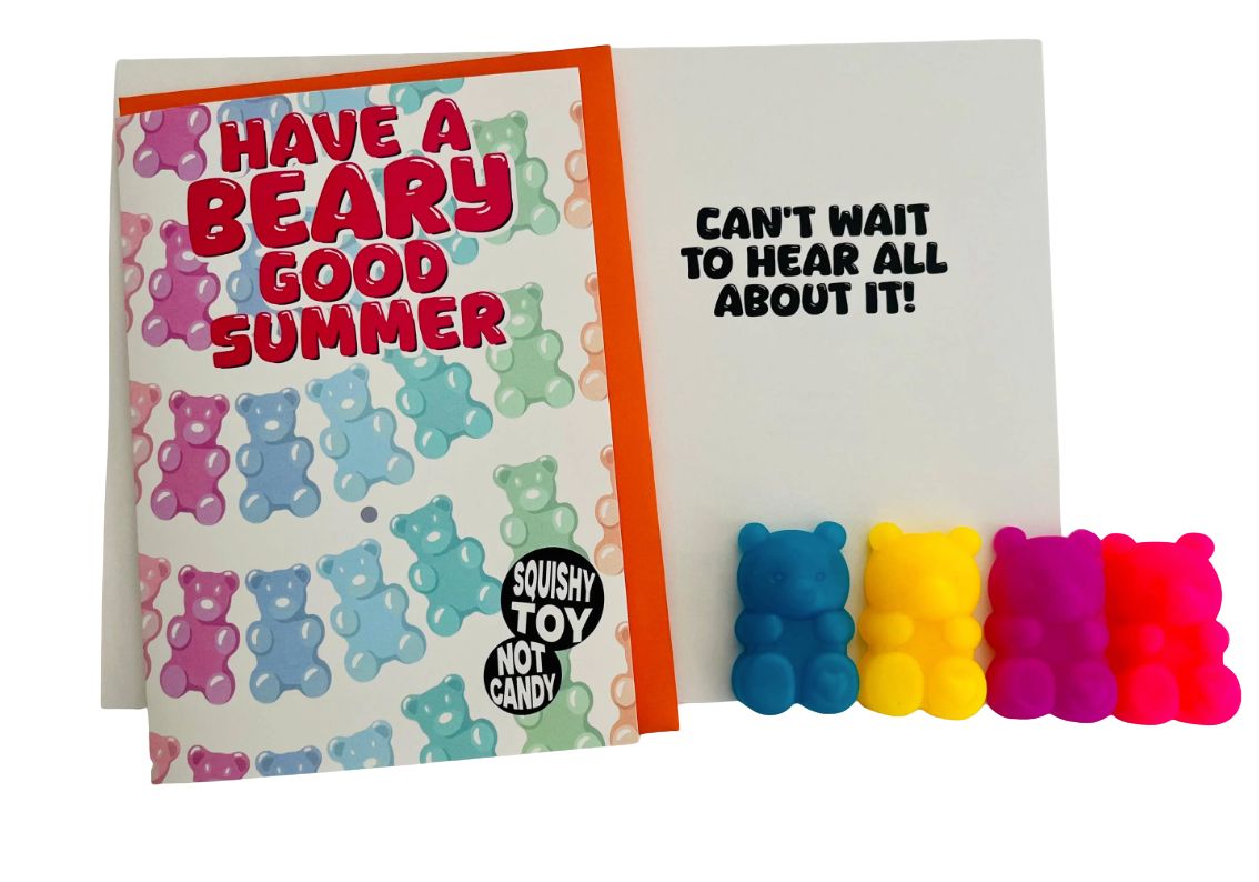 Colorful gummy bear-shaped toys with a summer-themed card on a white background