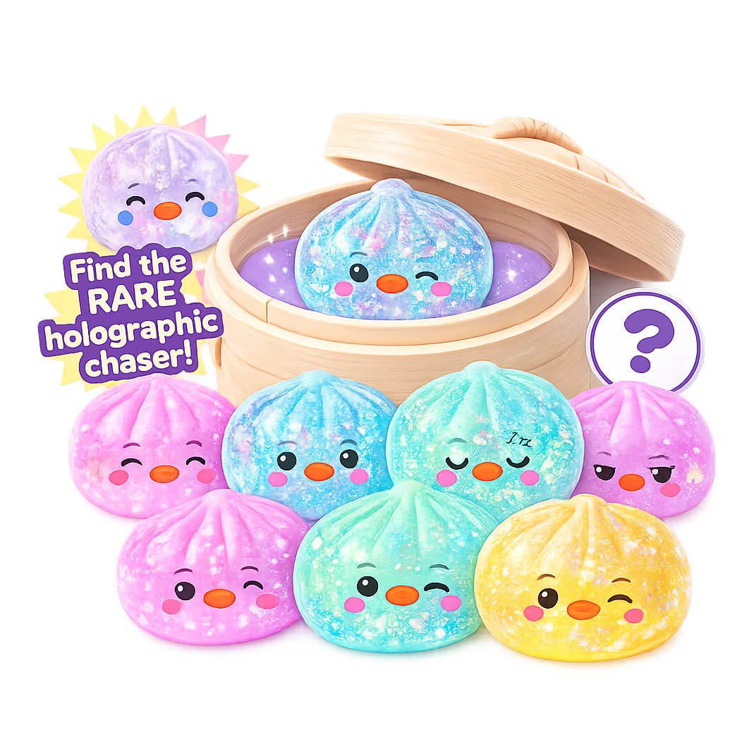 Colorful plush toys with faces in a wooden steamer basket on a white background