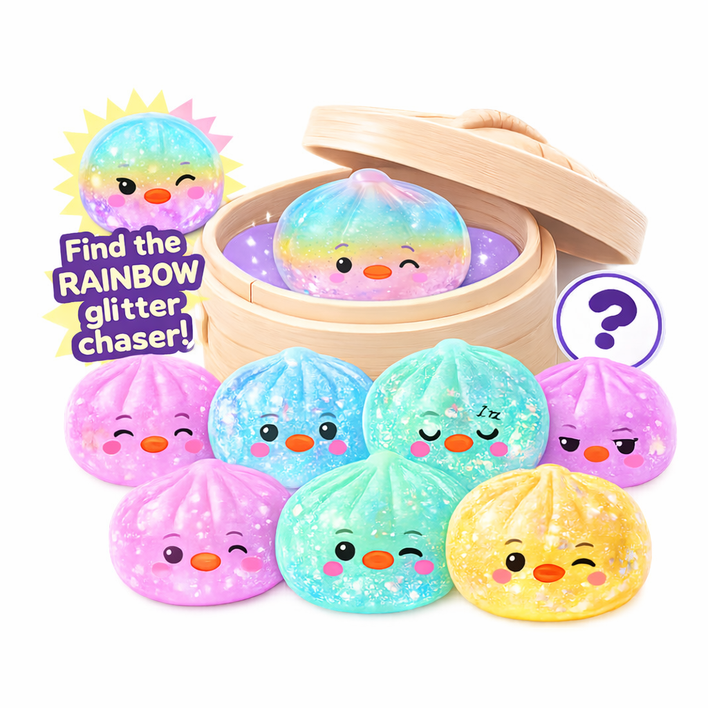 Colorful glittery toys with smiling faces in a wooden steamer basket on a white background.