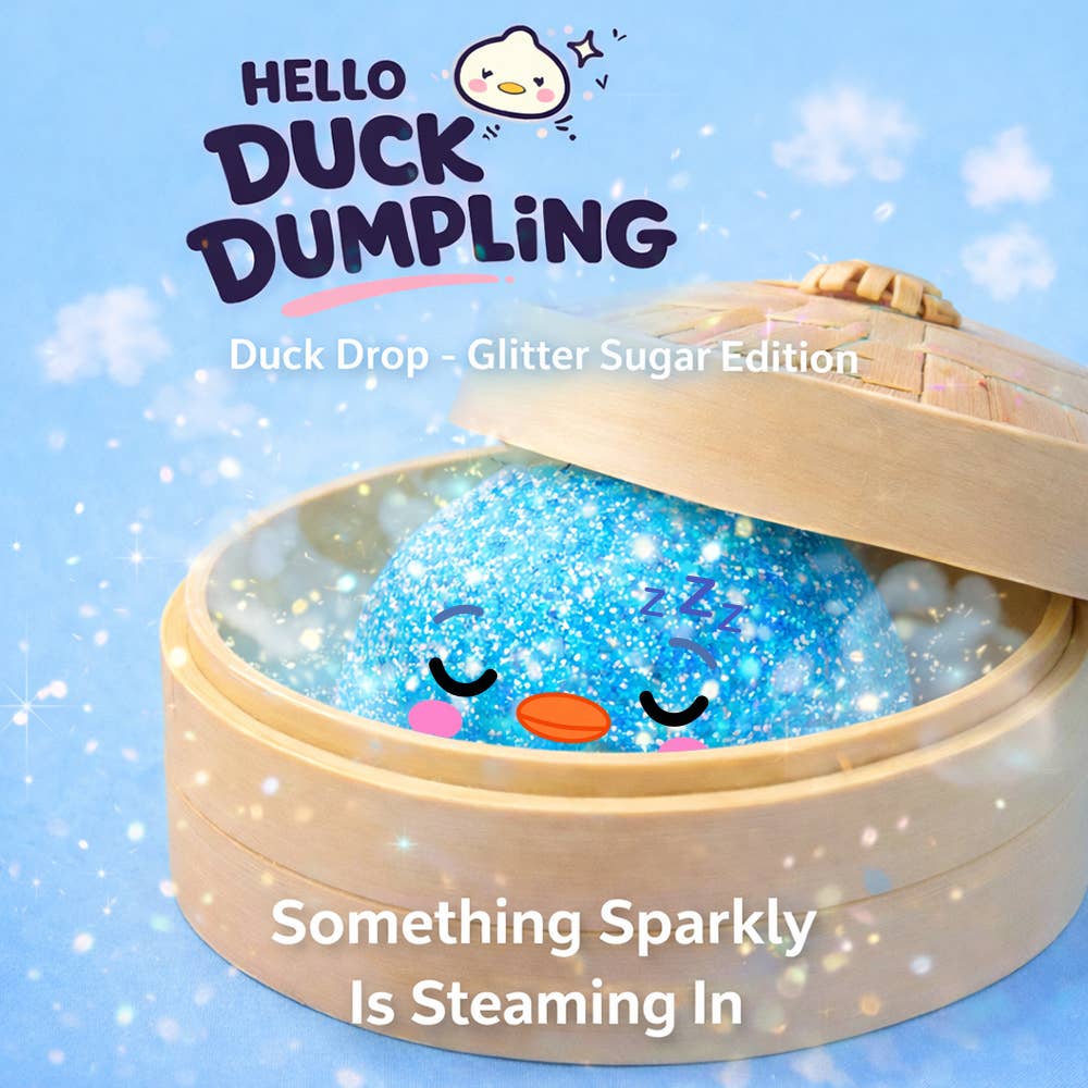 Hello Duck Dumpling product with glittery blue content on a light blue background