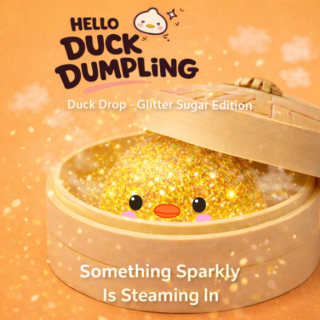Hello Duck Dumpling Duck Drop Glitter Sugar Edition product on an orange background