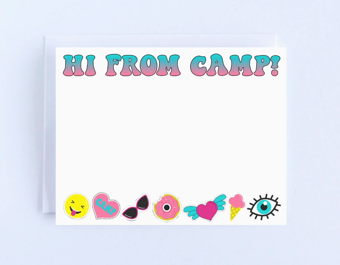 Note card with 'Hi from camp!' text and various emojis on a light blue background