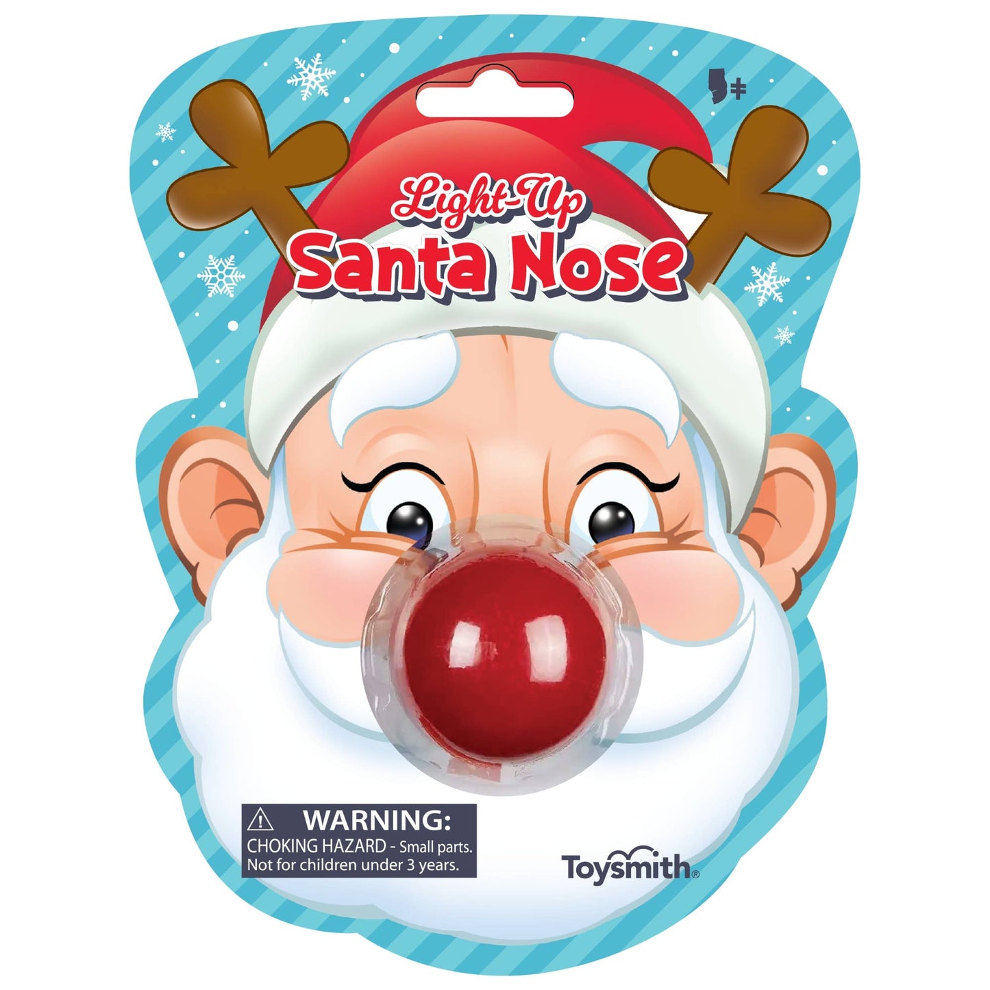 Light-up Santa Nose toy with packaging featuring a cartoon Santa face and blue background.
