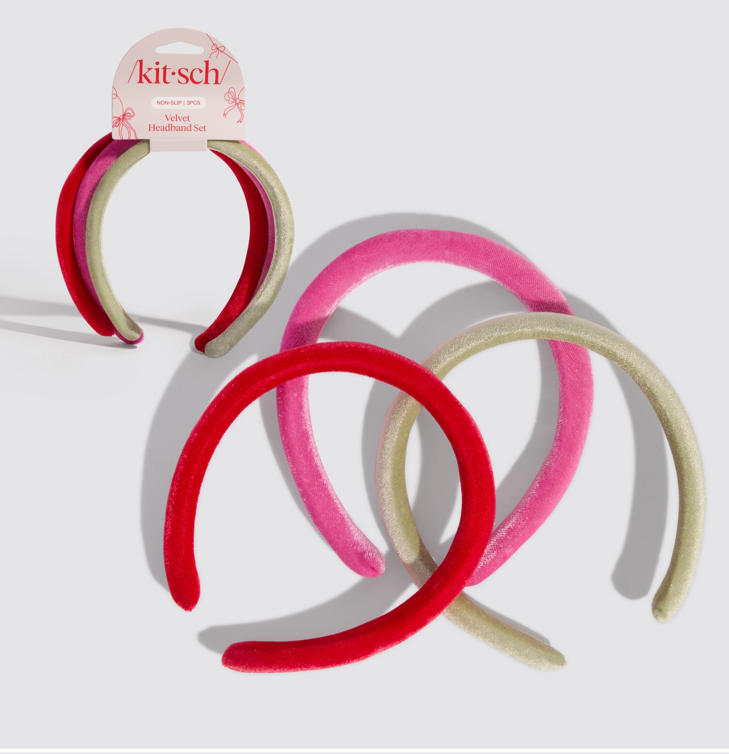Set of red, pink, and beige headbands with 'Kit-sch' branding on a light gray background