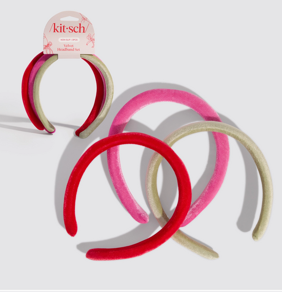 Set of red, pink, and beige headbands with 'Kit-sch' branding on a light gray background