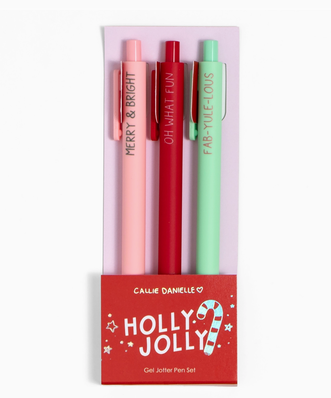 Three gel pens in pink, red, and green with text in a packaging box labeled 'Holly Jolly' by Callie Danielle.