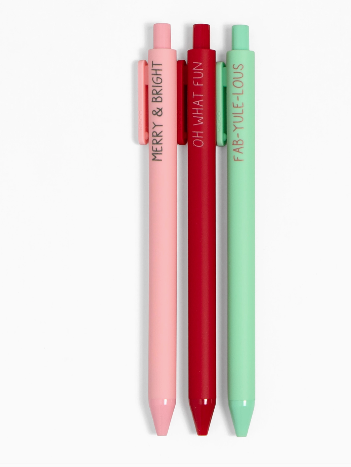 Three colorful pens with text on a white background