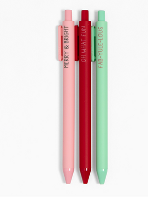 Three colorful pens with text on a white background
