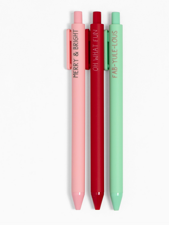 Three colorful pens with text on a white background