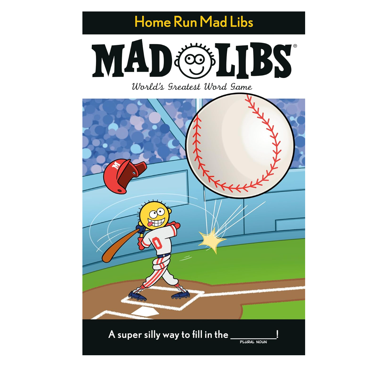 Book cover of 'Home Run Mad Libs' with a cartoon character and baseball on a white background
