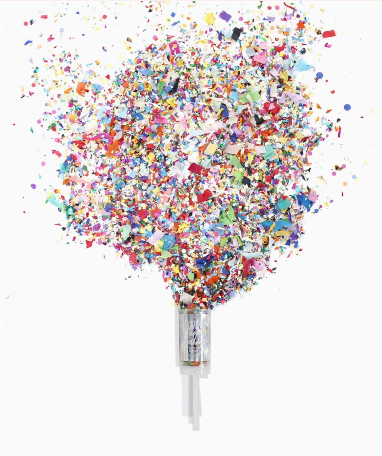 Colorful confetti being shot out of a syringe on a white background