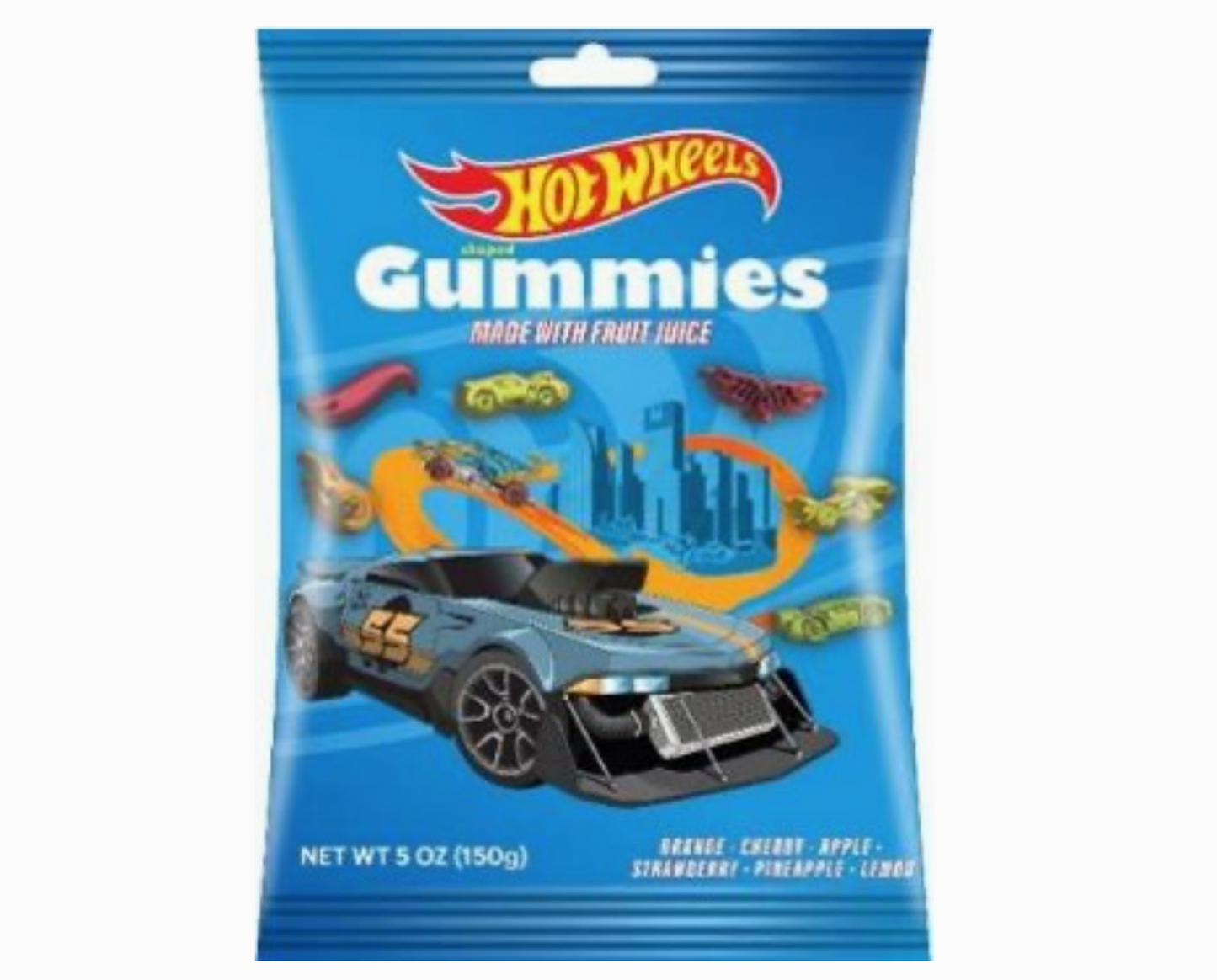 Hot Wheels Gummies packaging with a blue background and toy car design.