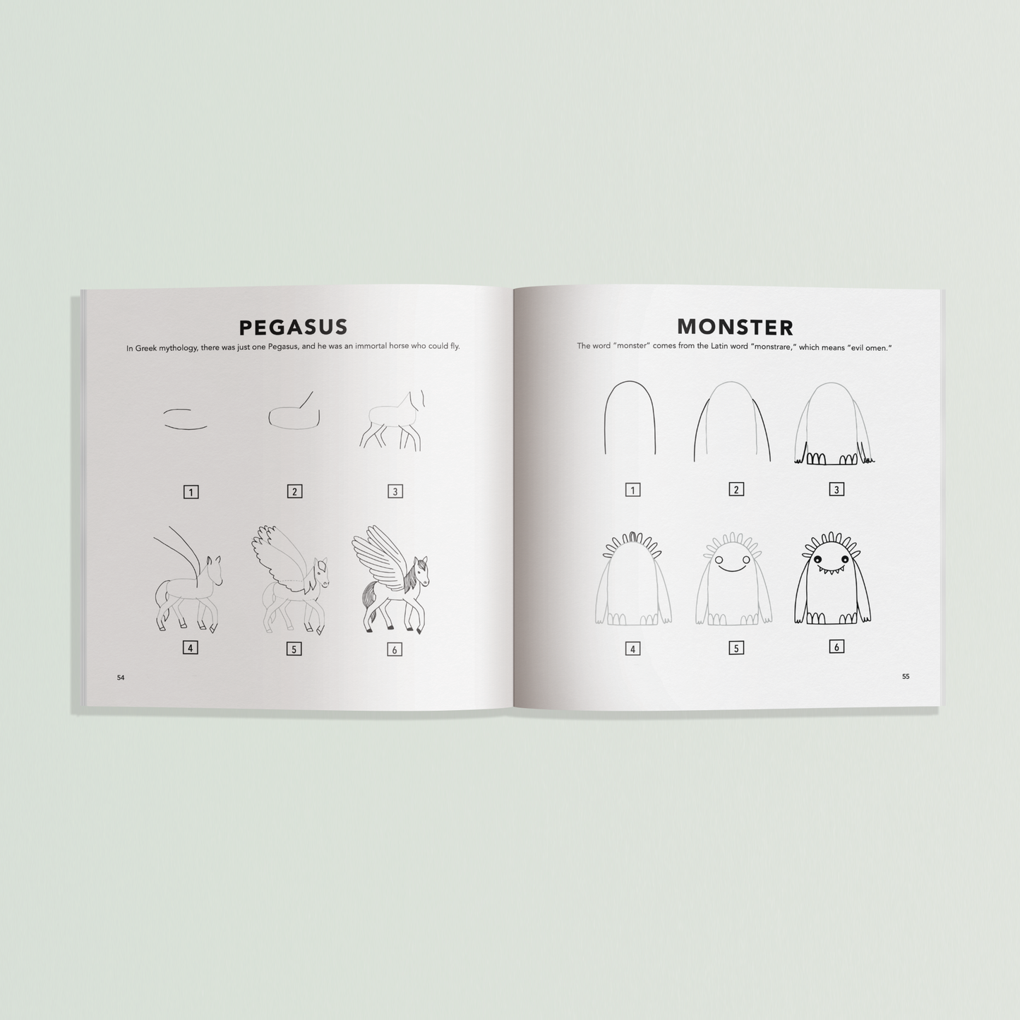 Open book showing illustrations of Pegasus and Monster on a light gray background