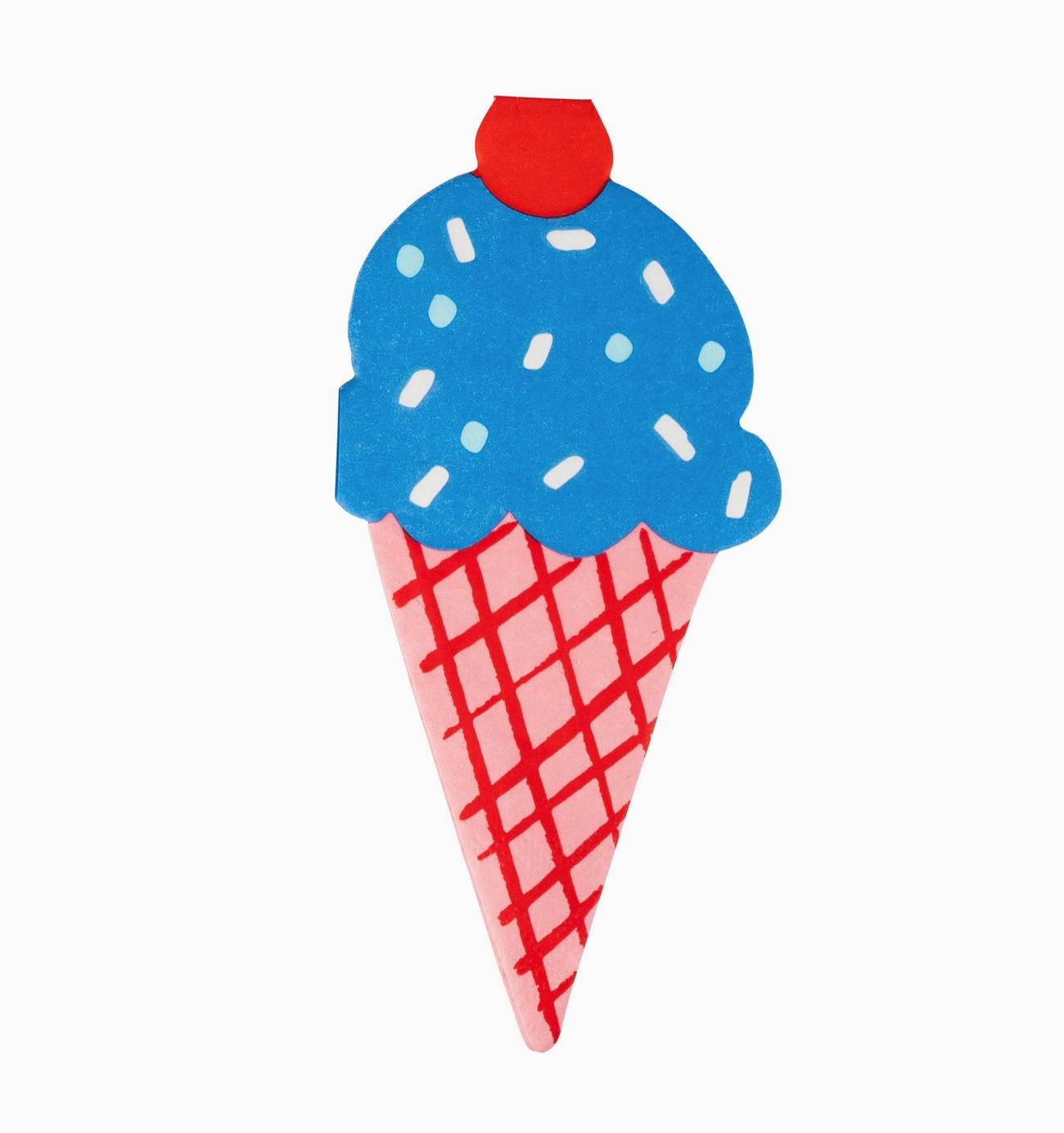 A paper napkin designed to look like an ice cream cone with a blue scoop and red and white striped cone.