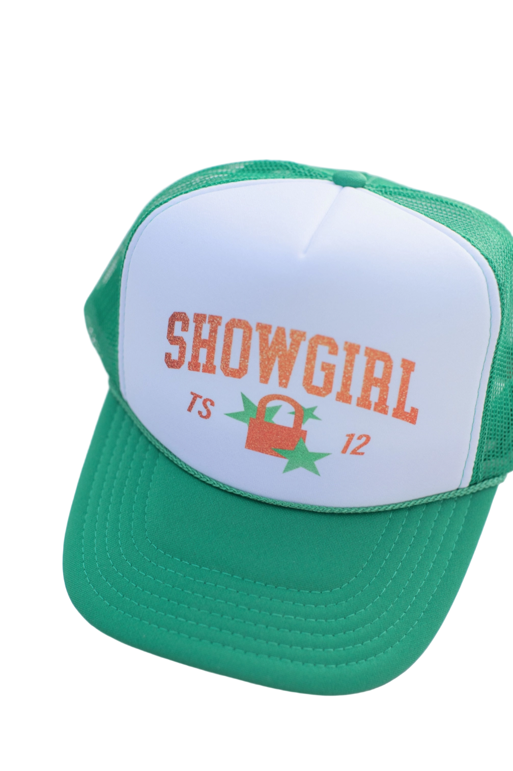 Green and white cap with 'SHOWGIRL' text on a white background