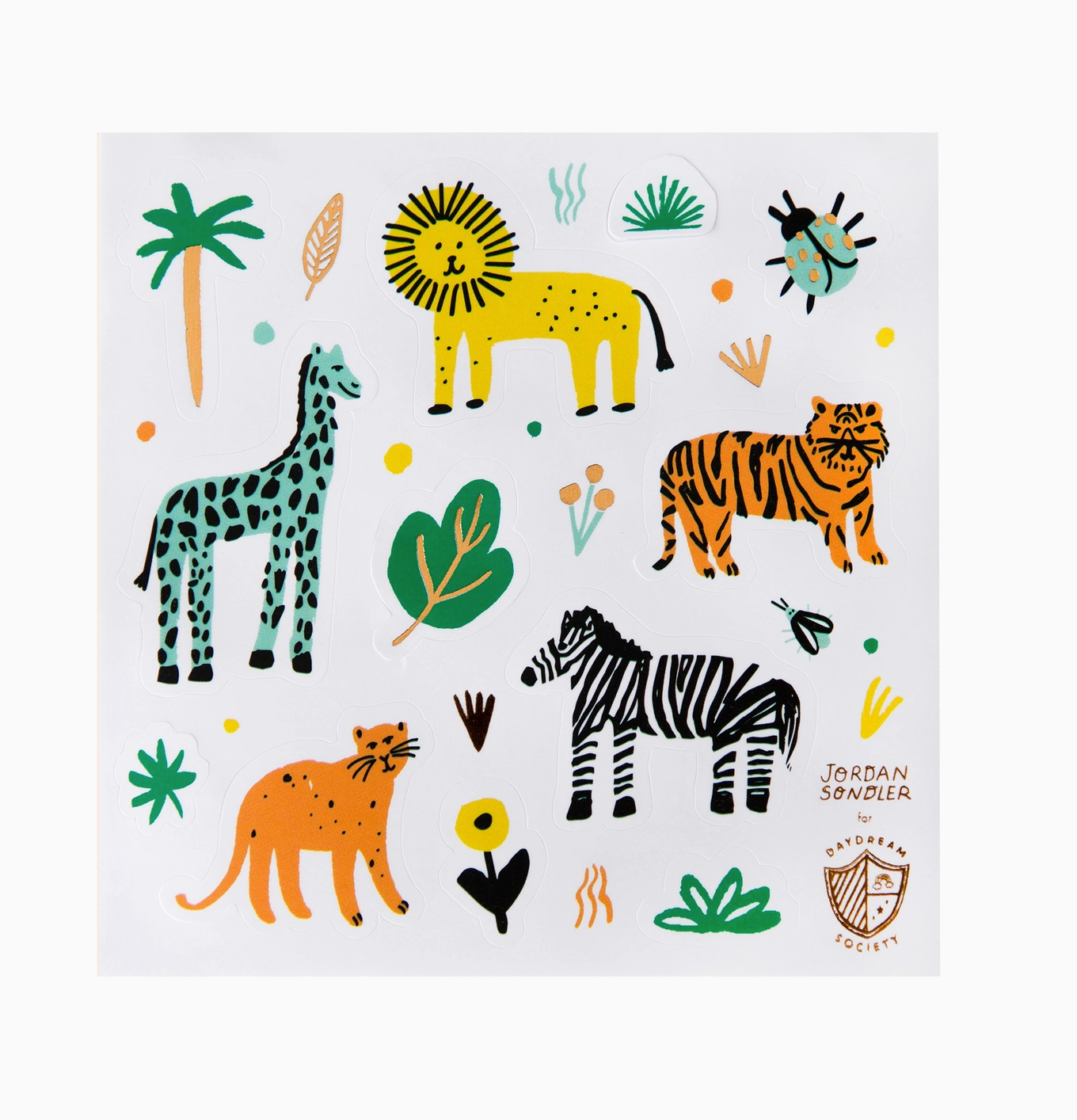 Sheet of colorful animal stickers with a lion, zebra, giraffe, and tiger on a white background.