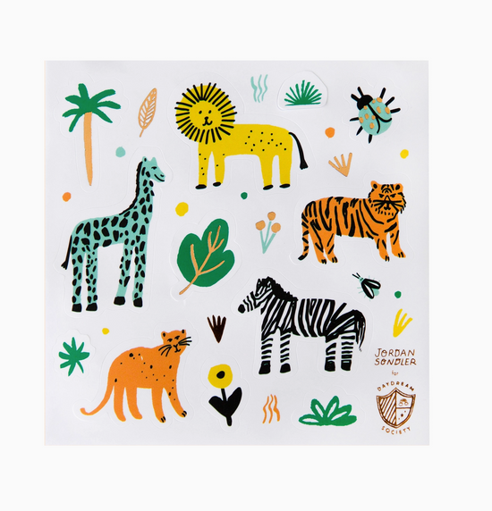 Sheet of colorful animal stickers with a lion, zebra, giraffe, and tiger on a white background.