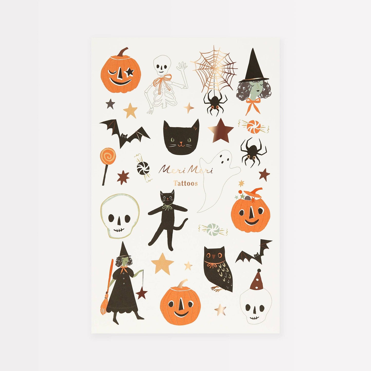 A sheet of Halloween-themed temporary tattoos featuring orange pumpkins, black cats and witches, white skulls, bats, spiders, and stars on an off-white background.