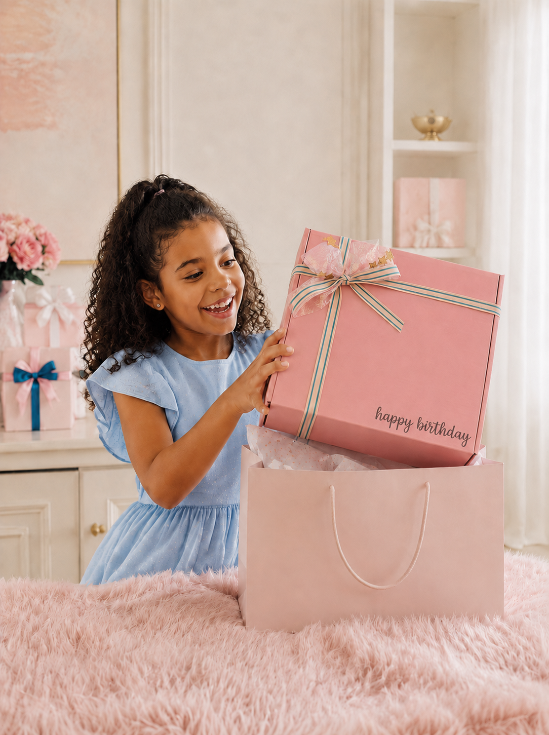 A young girl with curly hair in a light blue dress smiles while holding a pink 'happy birthday' gift box above a large pink gift bag on a fluffy pink blanket in a decorated room.