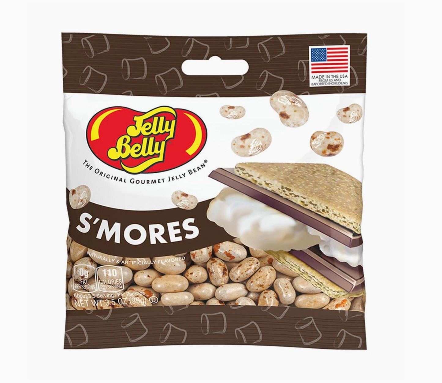 A package of Jelly Belly S'mores flavored jelly beans with a image of a s'more on the front, indicating it is gluten free, peanut free, dairy free, fat free, vegetarian friendly, OU Kosher Certified, and made in the USA.