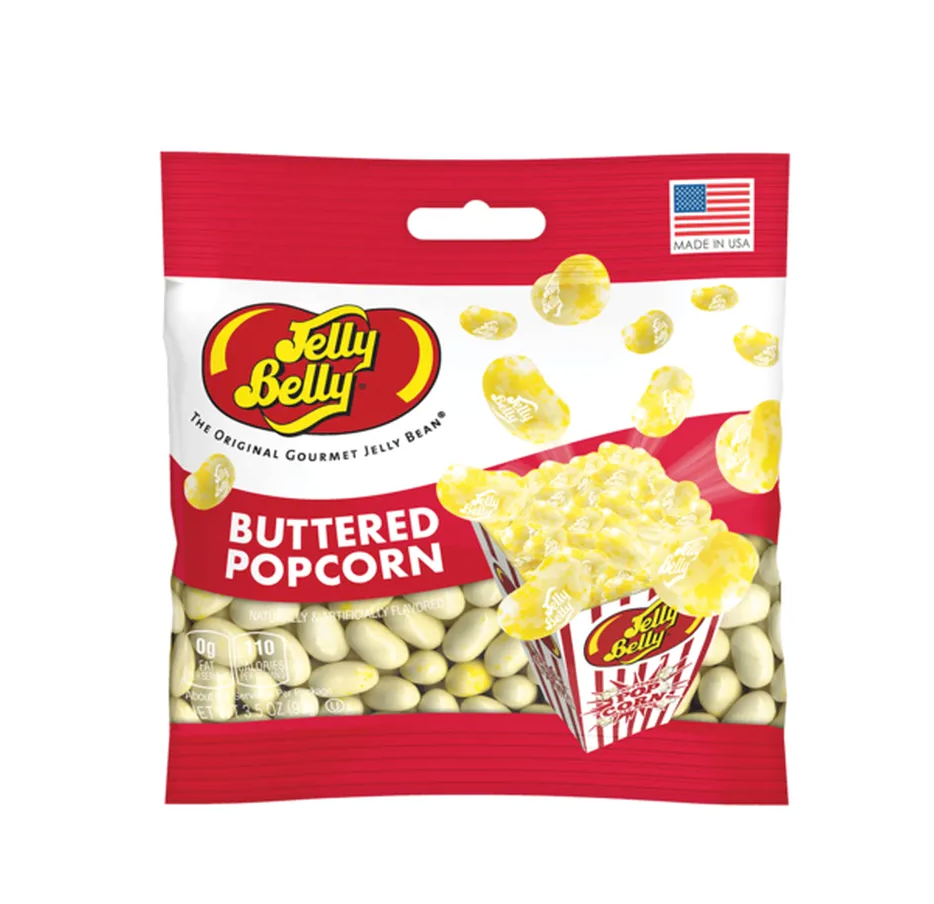 A package of Jelly Belly Buttered Popcorn candy, featuring a red and white bag with illustrations of yellow jelly beans and a popcorn bucket, on a plain white background.