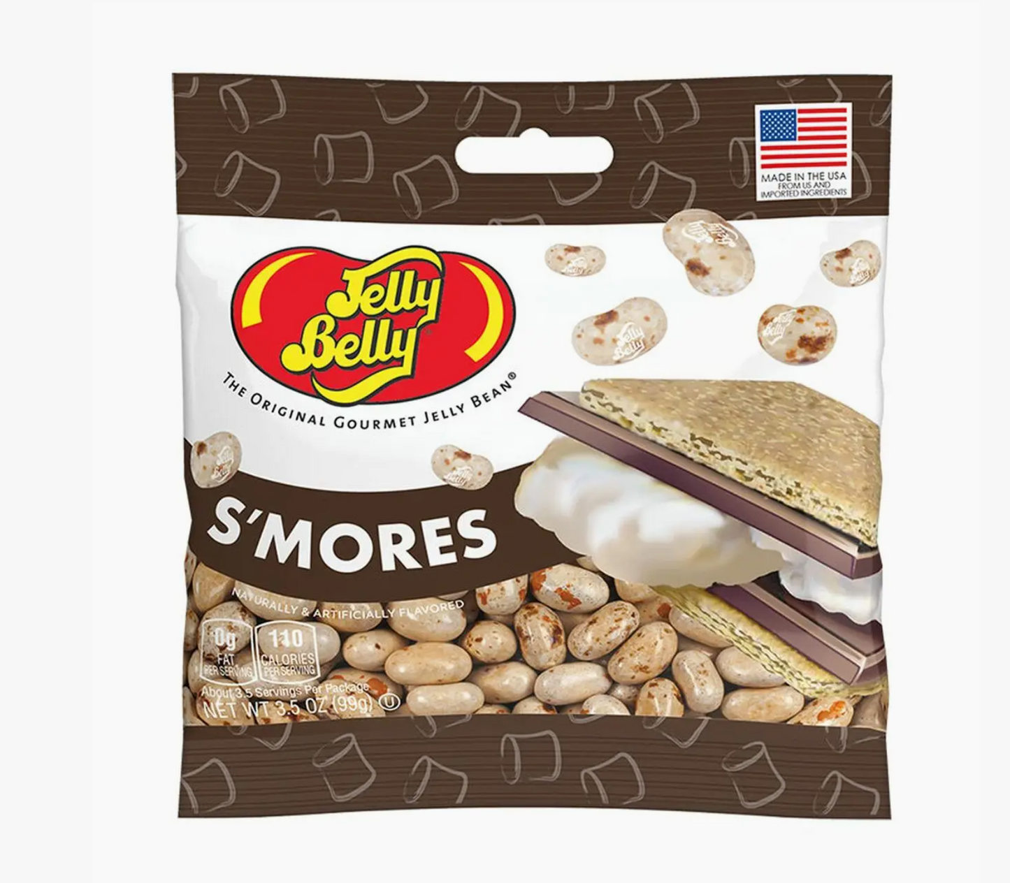 Jelly Belly S'mores package with a marshmallow, graham cracker, and chocolate bar illustration on a white background.