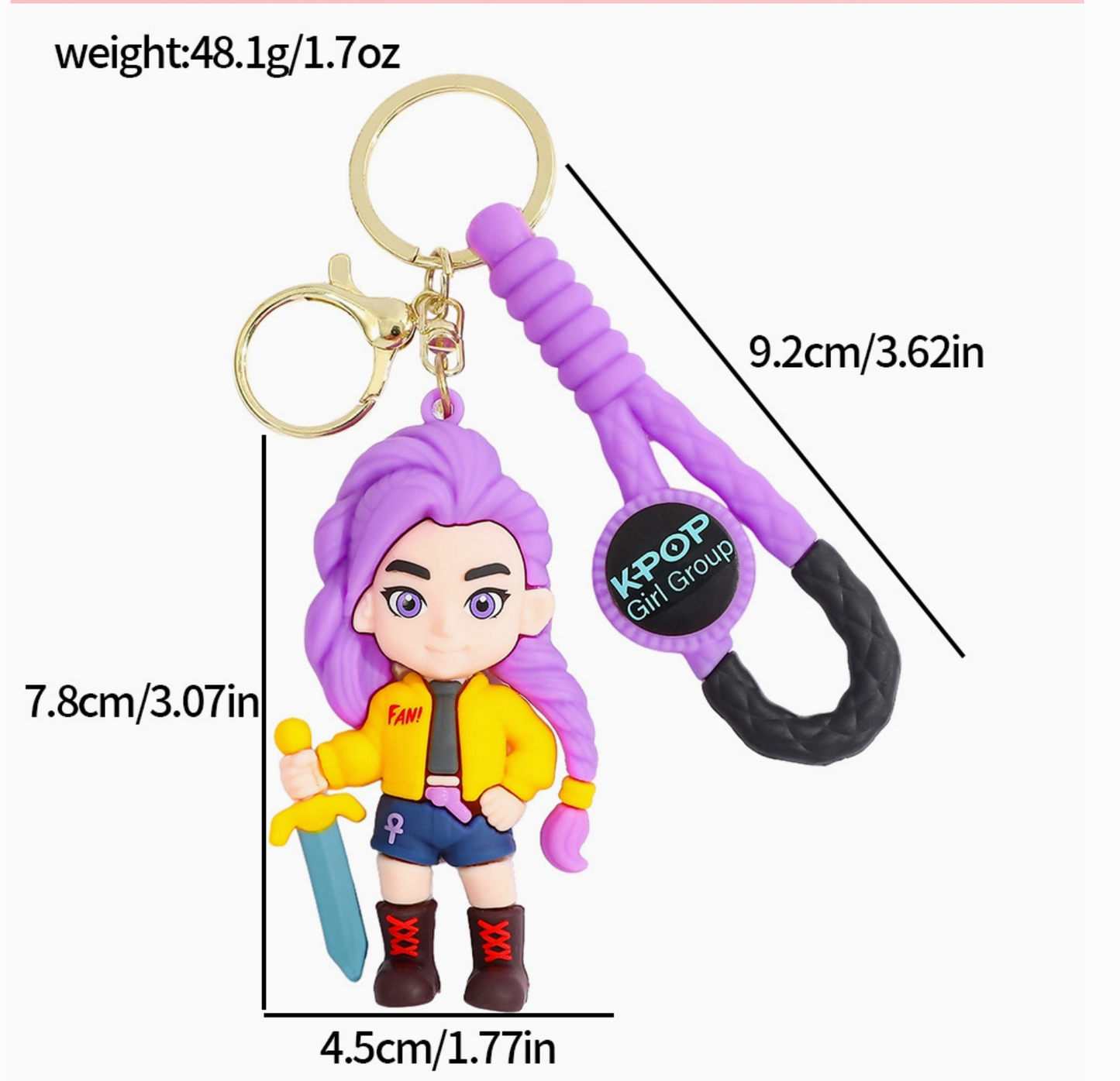 Keychain with character design and measurements on a white background