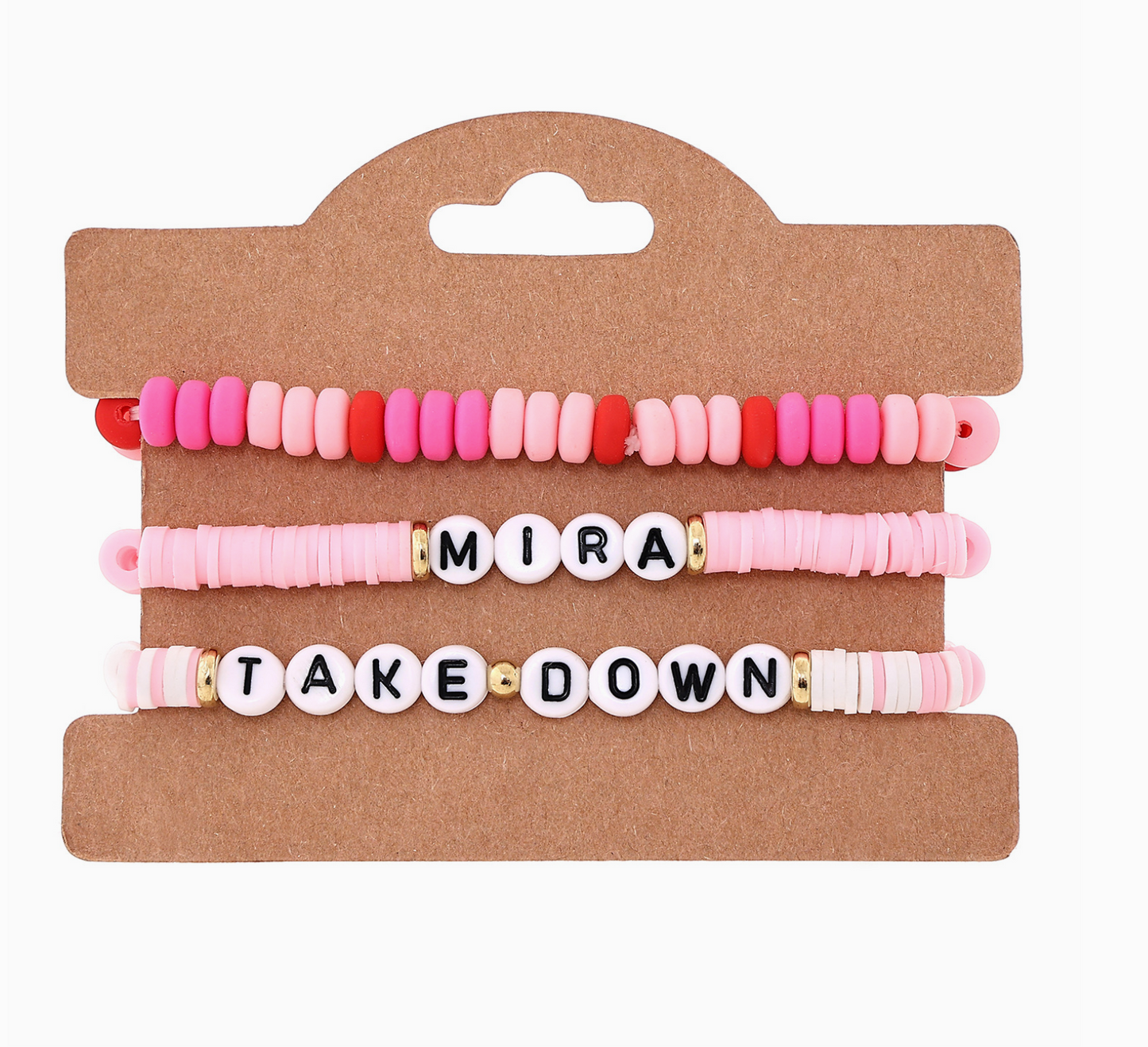 Set of three beaded bracelets with letter beads on a cardboard display card.